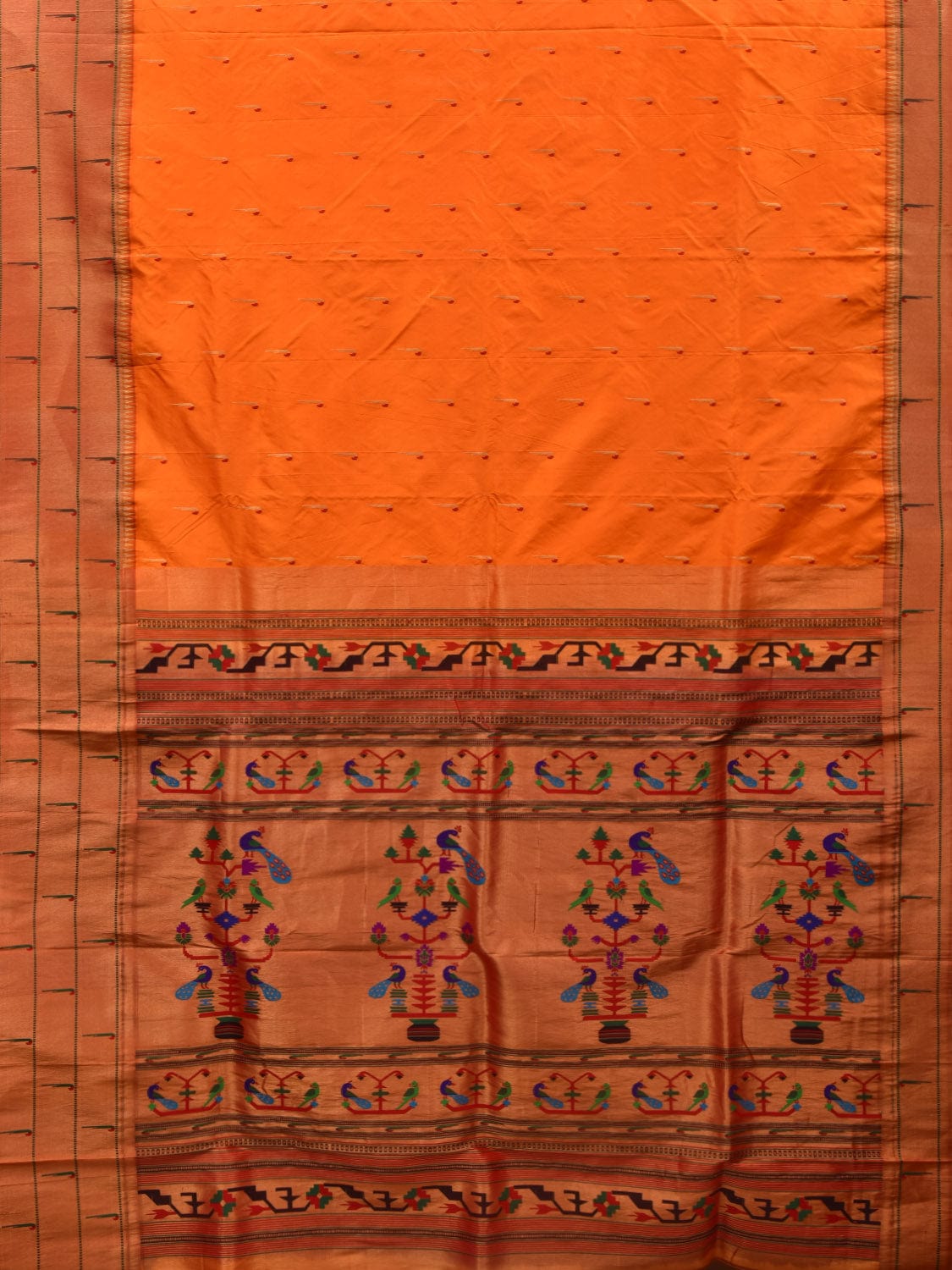 Orange Paithani Silk Handloom Grab2Buy with Triple Muniya Border Design - Global Threads 