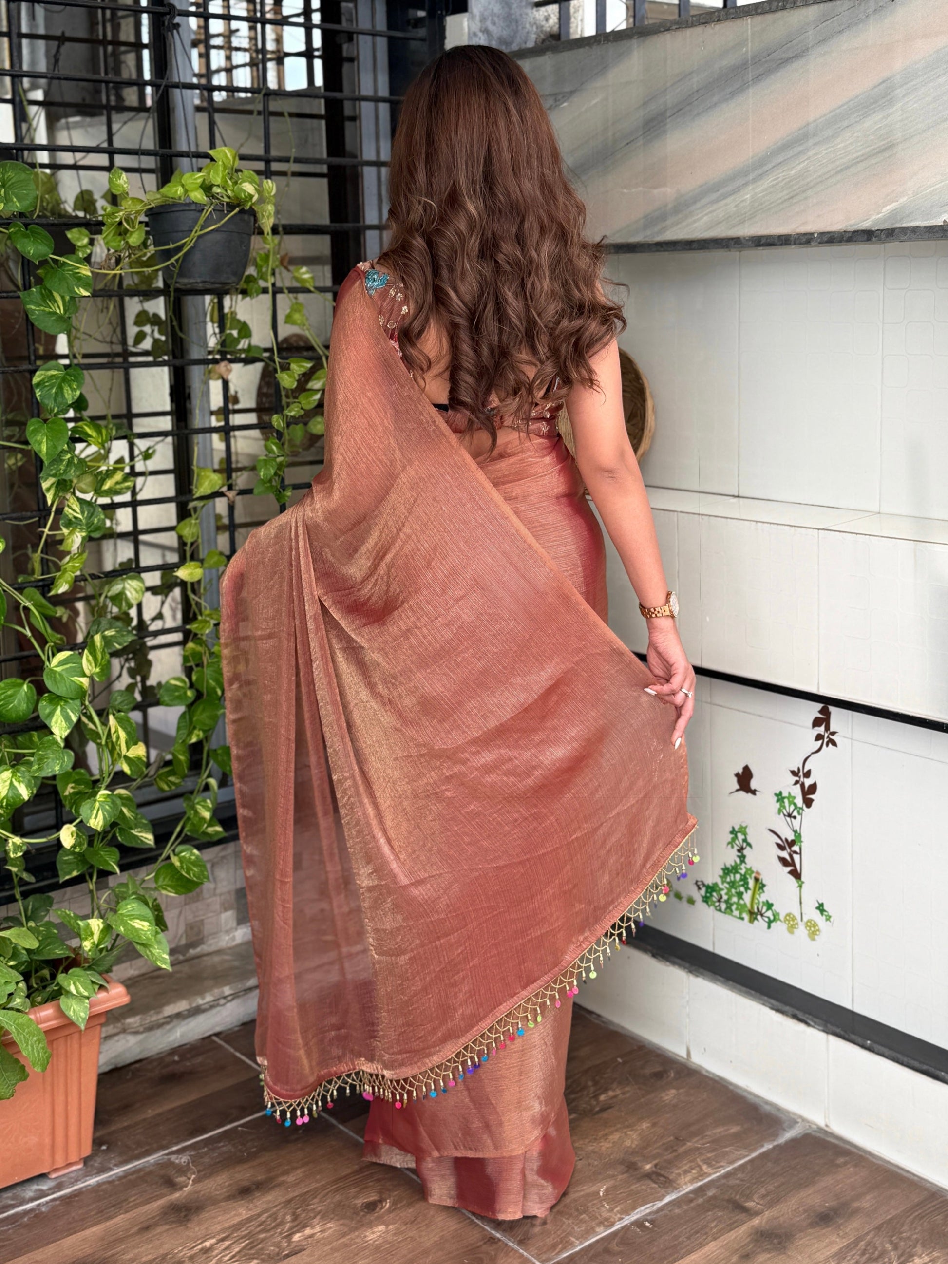 Evanik Soft Fandy Chiffon Beads Embroidered Work Party Wear Saree With Blouse