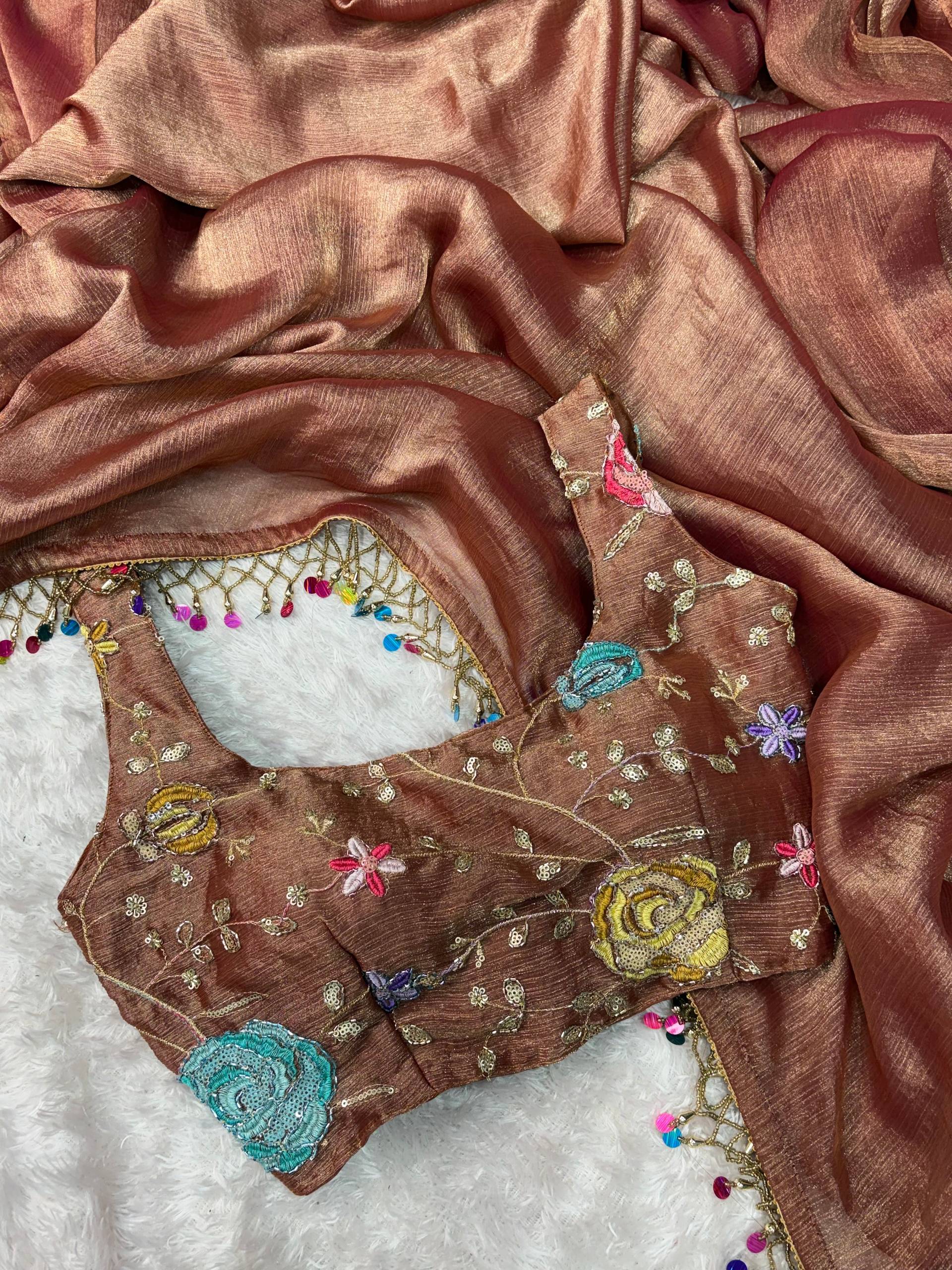 Evanik Soft Fandy Chiffon Beads Embroidered Work Party Wear Saree With Blouse