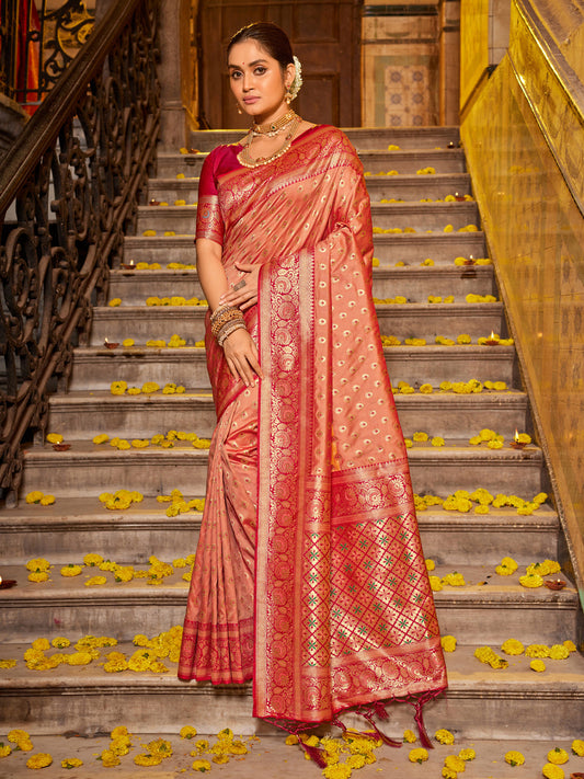 Anaita Orange Banarasi Saree With Blouse Piece