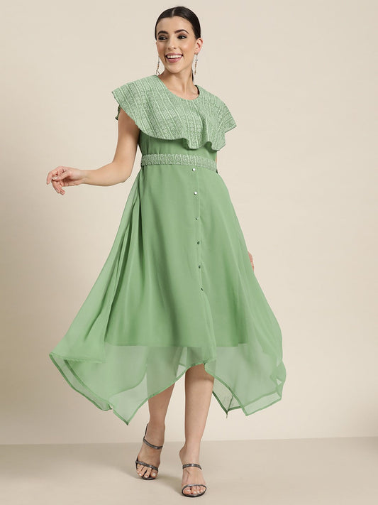 Juniper Women's Sagegreen Georgette Embroidered Asymmetric Dress