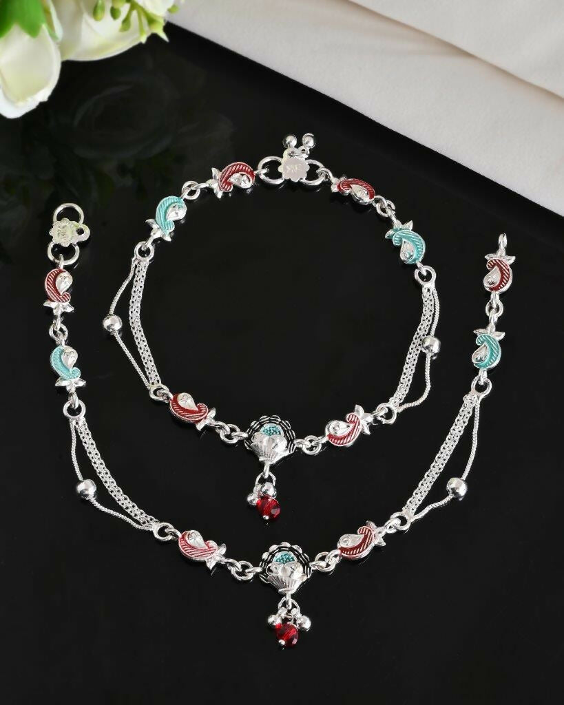VOJ Set of 2 Traditional Stone Studded Mutli Color Designer Anklet 