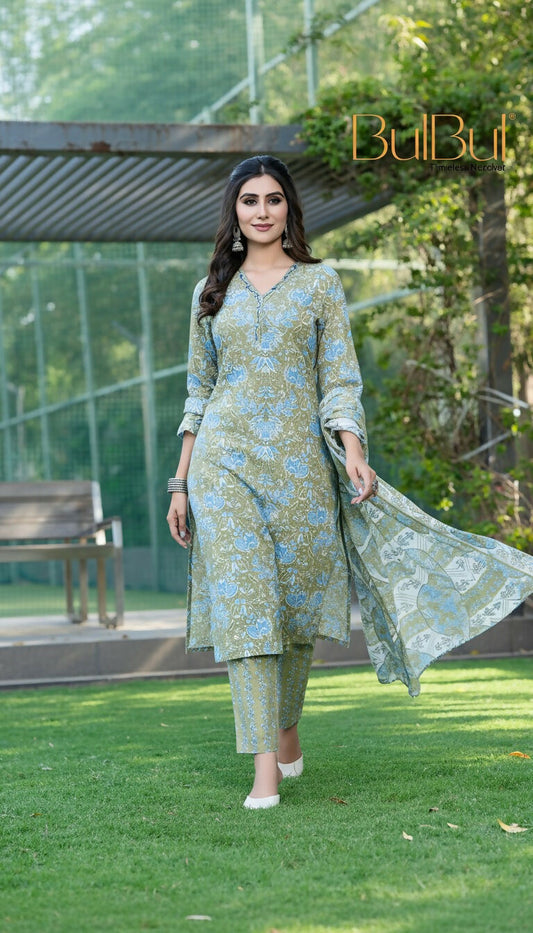 BulBul Fashionista Green Cotton Kurta Set with Dupatta 