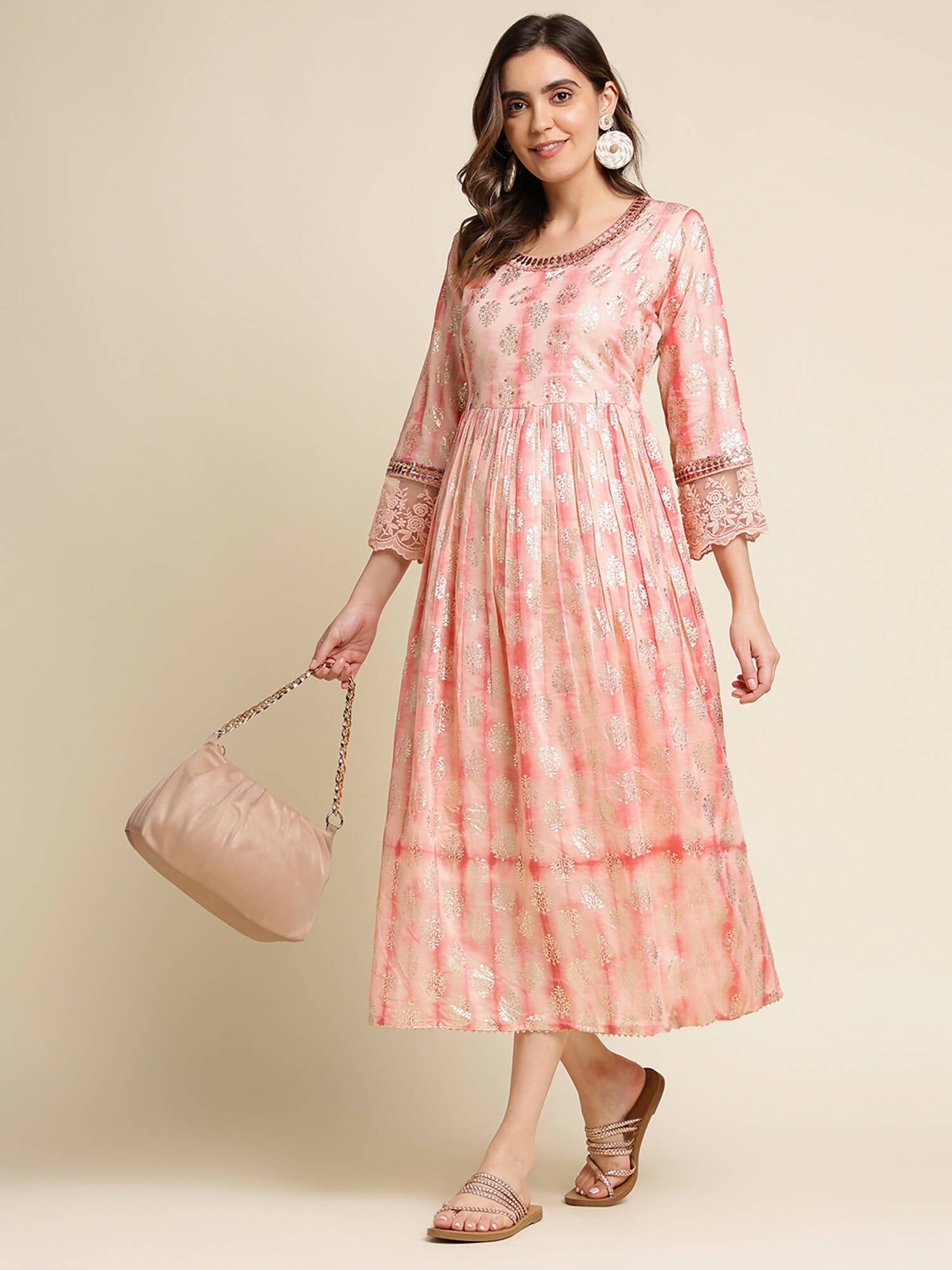 Peach Cotton Paisley Printed Fit & Flare Dress - Yukti
