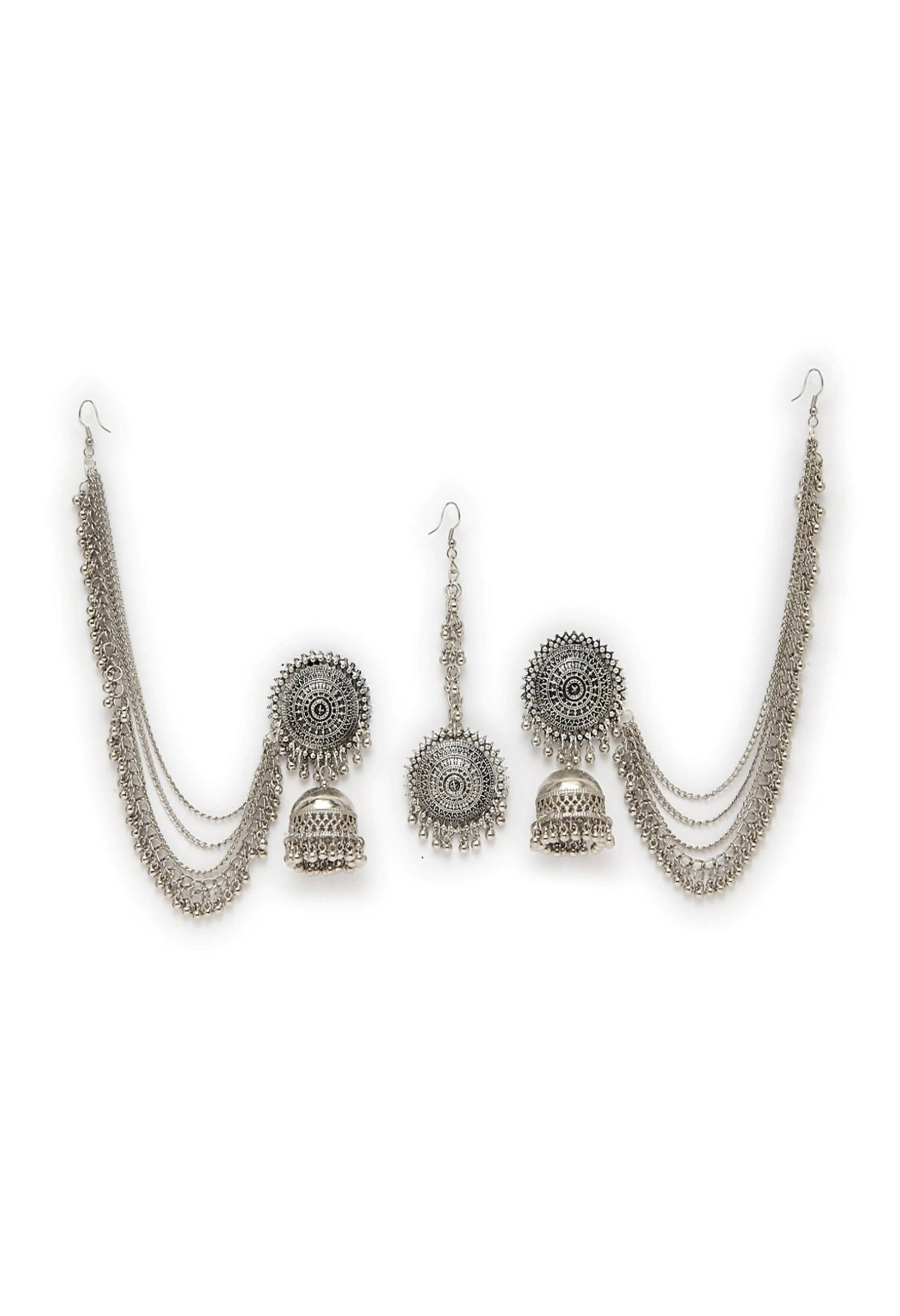 Mominos Fashion Johar Kamal Bahubali Silver Colour Earrings With Tikka - Grab2buy