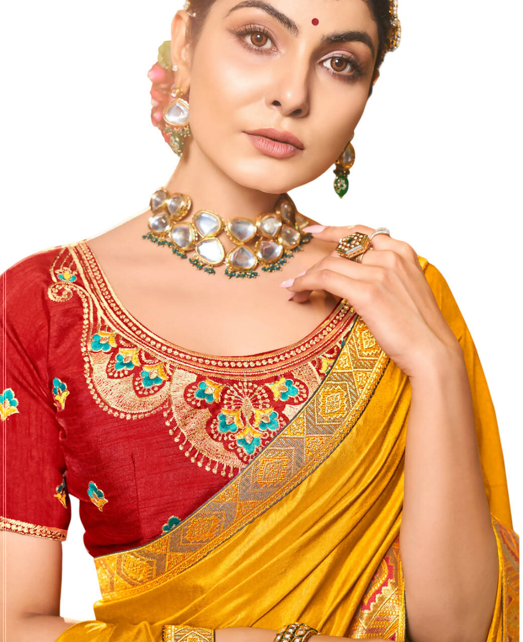 Mustard Solid Vichitra Saree With Unstitched Blouse Piece - Selena