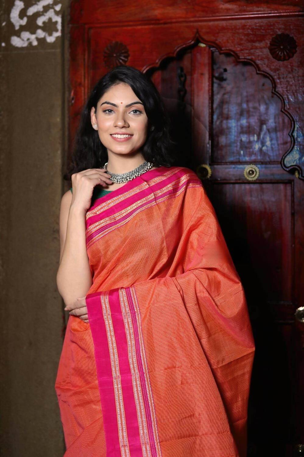 Very Much Indian Handloom Cotton Viscose Ilkal Saree With Pure Resham Pallu - Orange - Grab2buy
