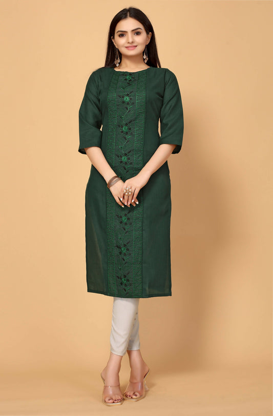 Dark Green Cottan Slub Embroidery Kurti - Umi