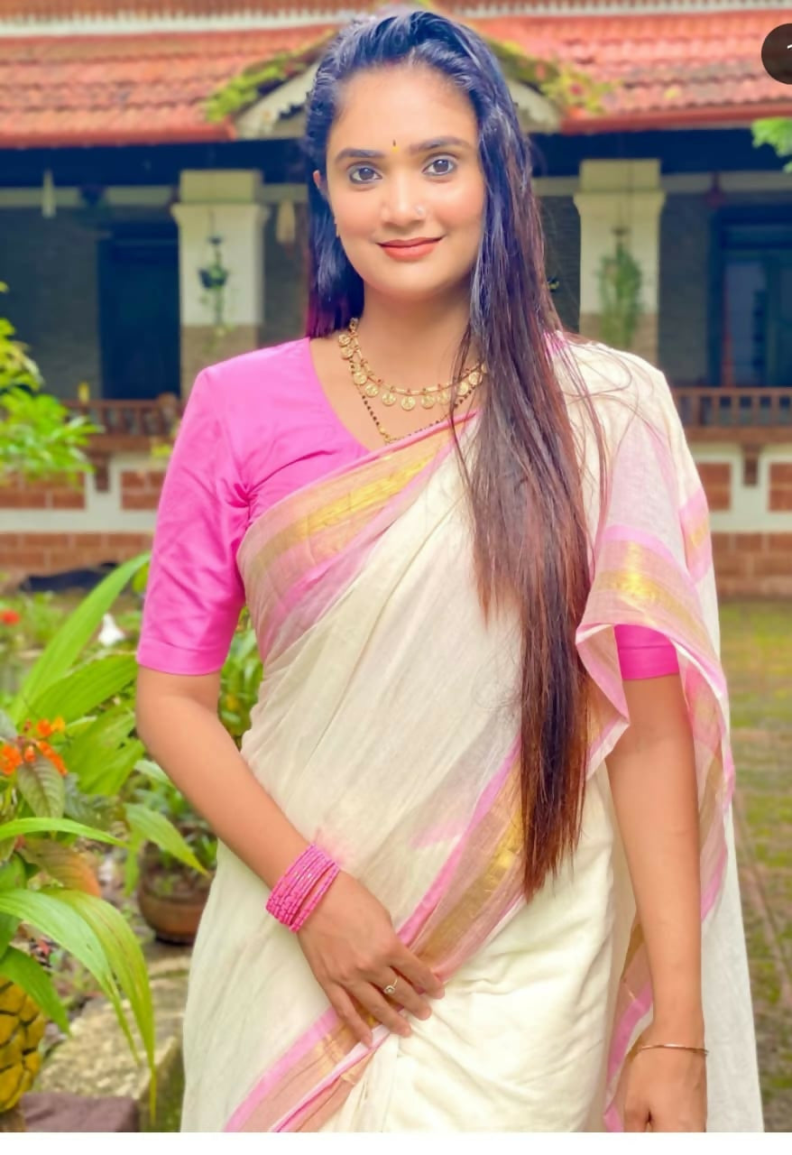 Exclusive Collection Beautiful White Pink Pure Cotton Hand Weaving Handloom Grab2Buy With Running Blouse Piece 