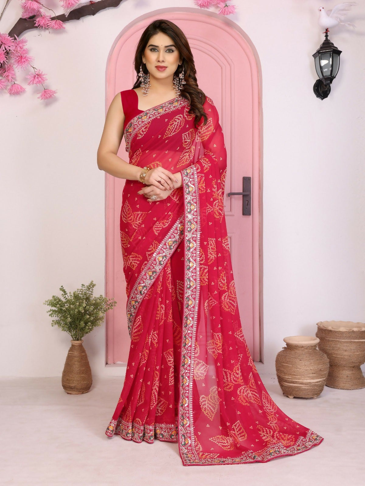 Ai Fashion Magenta Georgette Rajwadi Bandhani Print Party Wear Saree