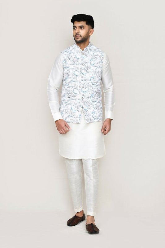 Joban Fashion White Colored Art Silk Fabric Kurta, Jacket With Straight Fit Pant