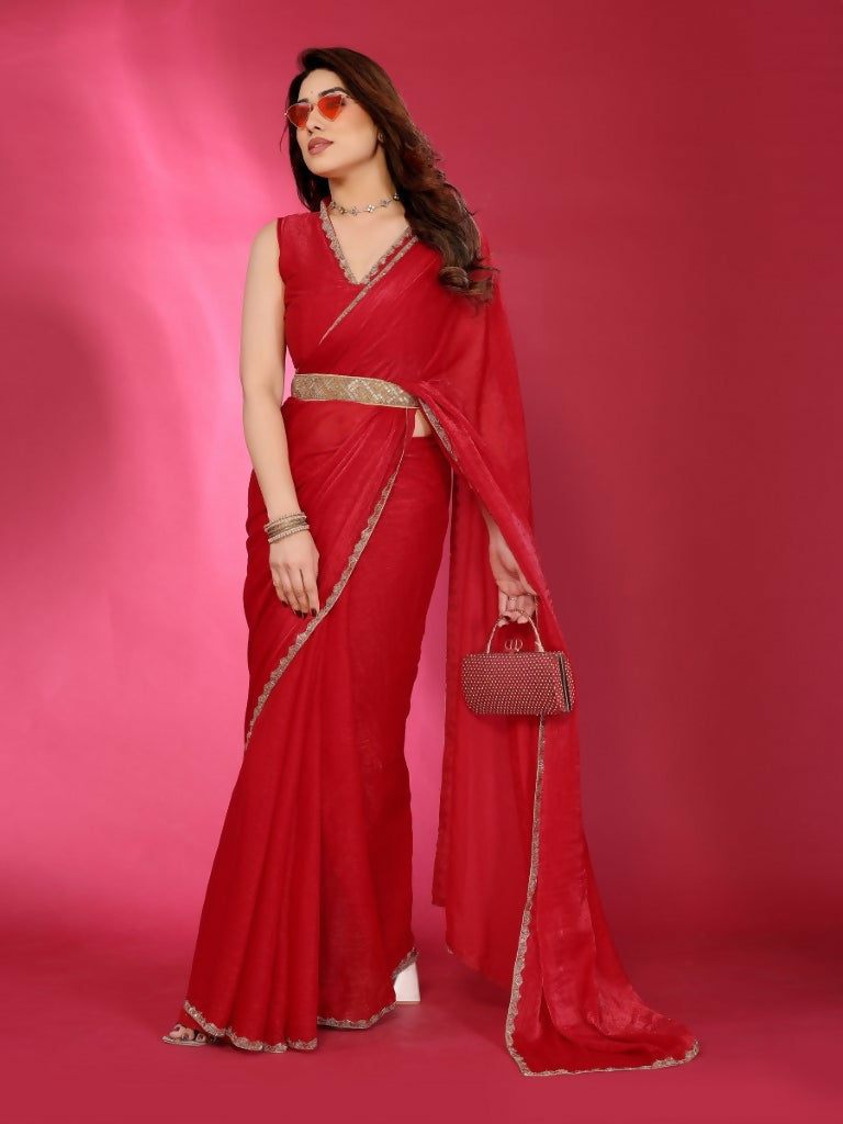 PR Fashion Red Jimmy Choo Fabric Palin With Work Lace Saree