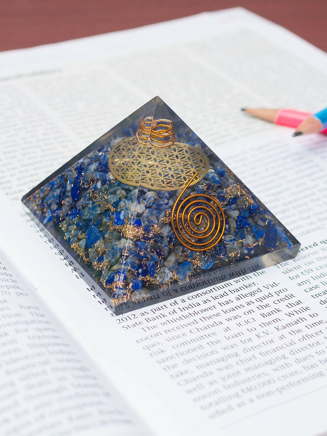 Golden Peacock Blue & Gold-Toned Lapis Lazuli Orgone Stone Pyramid Prism Paperweight 