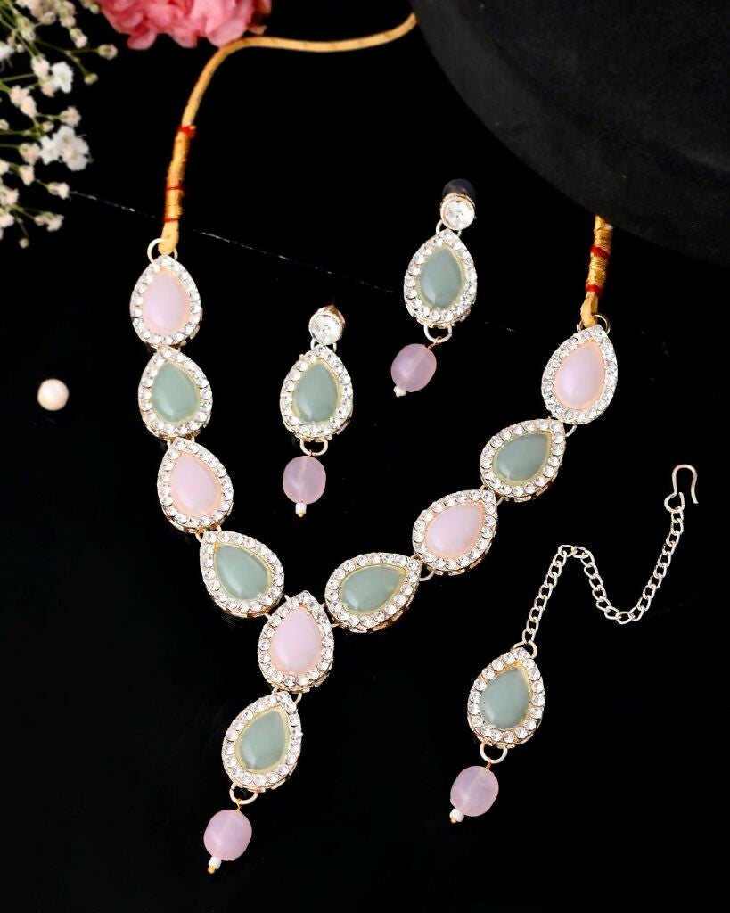 VOJ Gold Plated Nude Pink And Mint Green Stone Studded Jewellery Set With Maang Tikka - Grab2buy