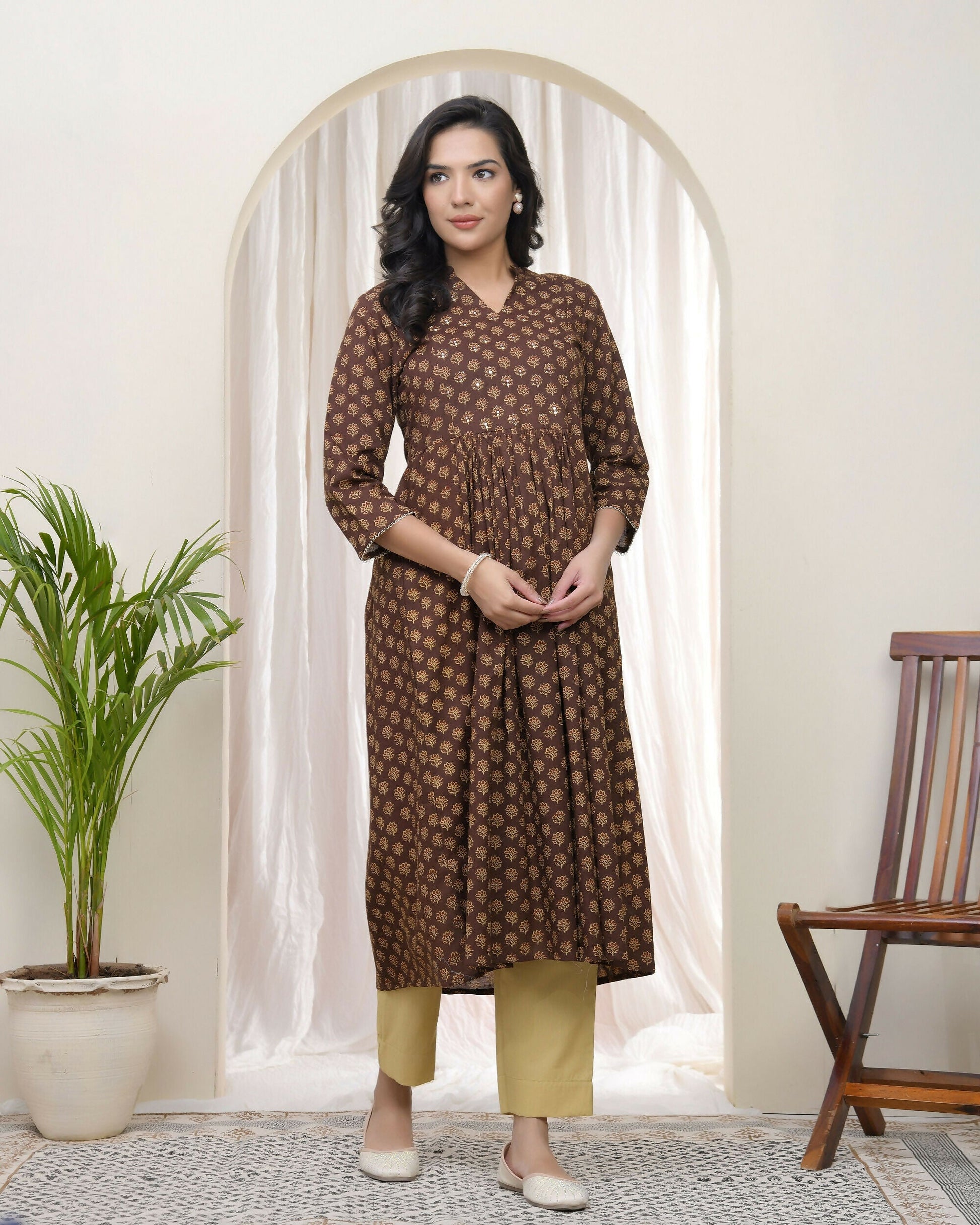 Vaasva Brown Boonta Cotton Printed Gathered Kurti With Pant | Grab2Buy