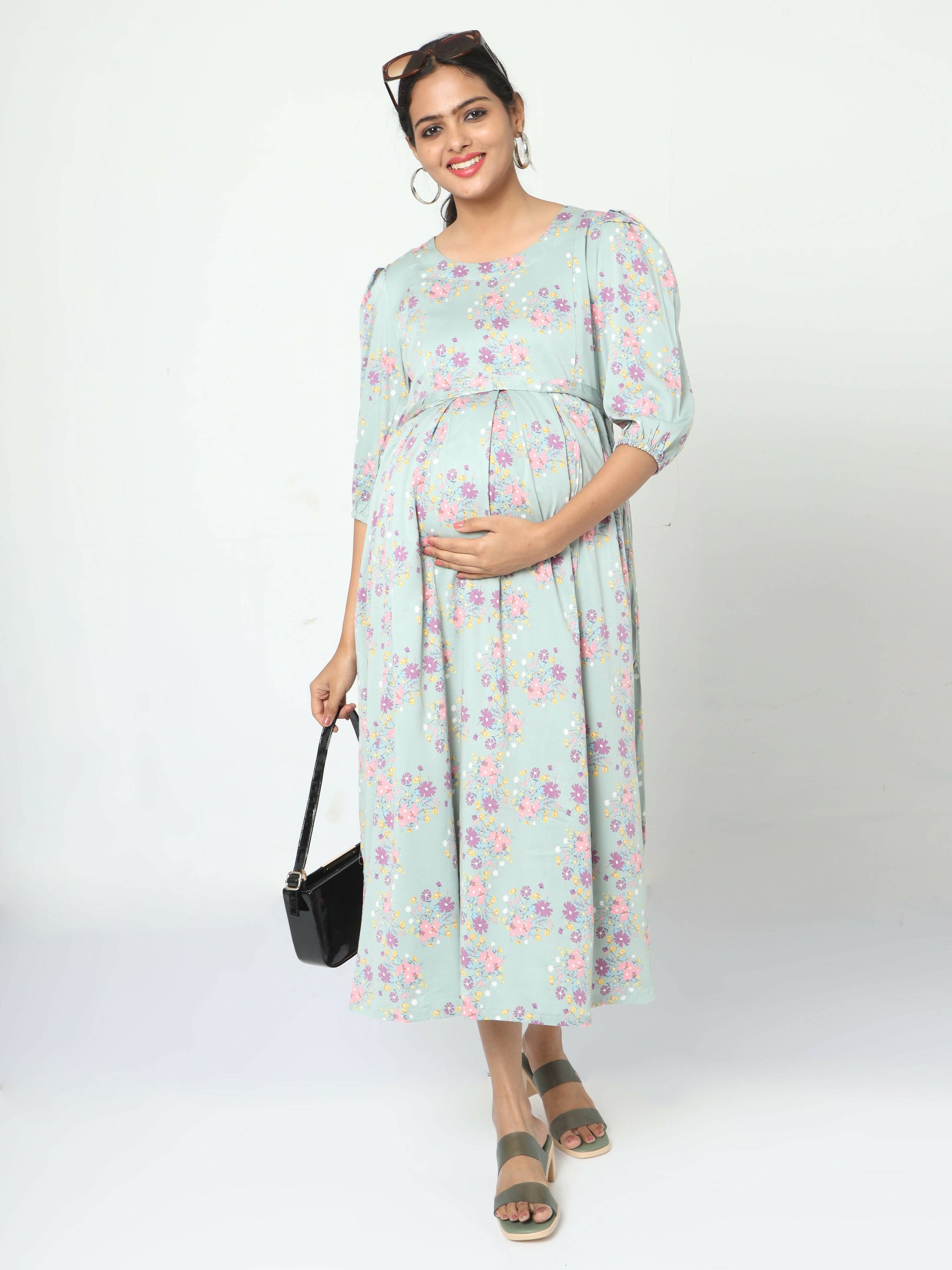 Manet Three Fourth Maternity Dress Pink Floral Print With Concealed Zipper Nursing Access - Green