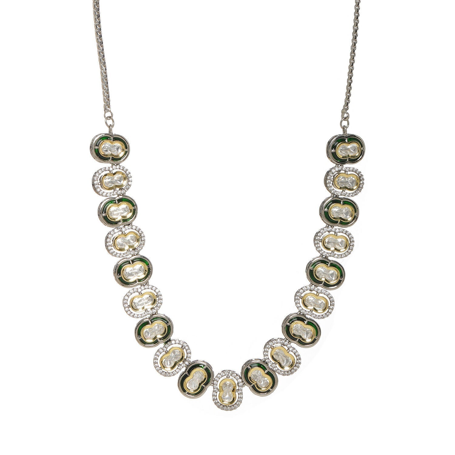 Mufli (peanut) Kundan Neckpiece with Meenakari and American Diamonds (Silver) - Ruby Raang | Swadesiicart