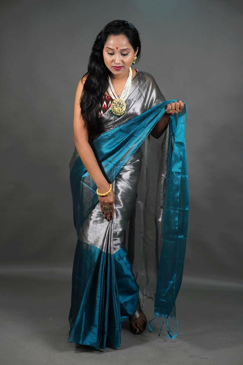 Exclusive Collection Beautiful Gray Green Tissue Silk Hand Weaving Handloom Grab2Buy With Running Blouse Piece 