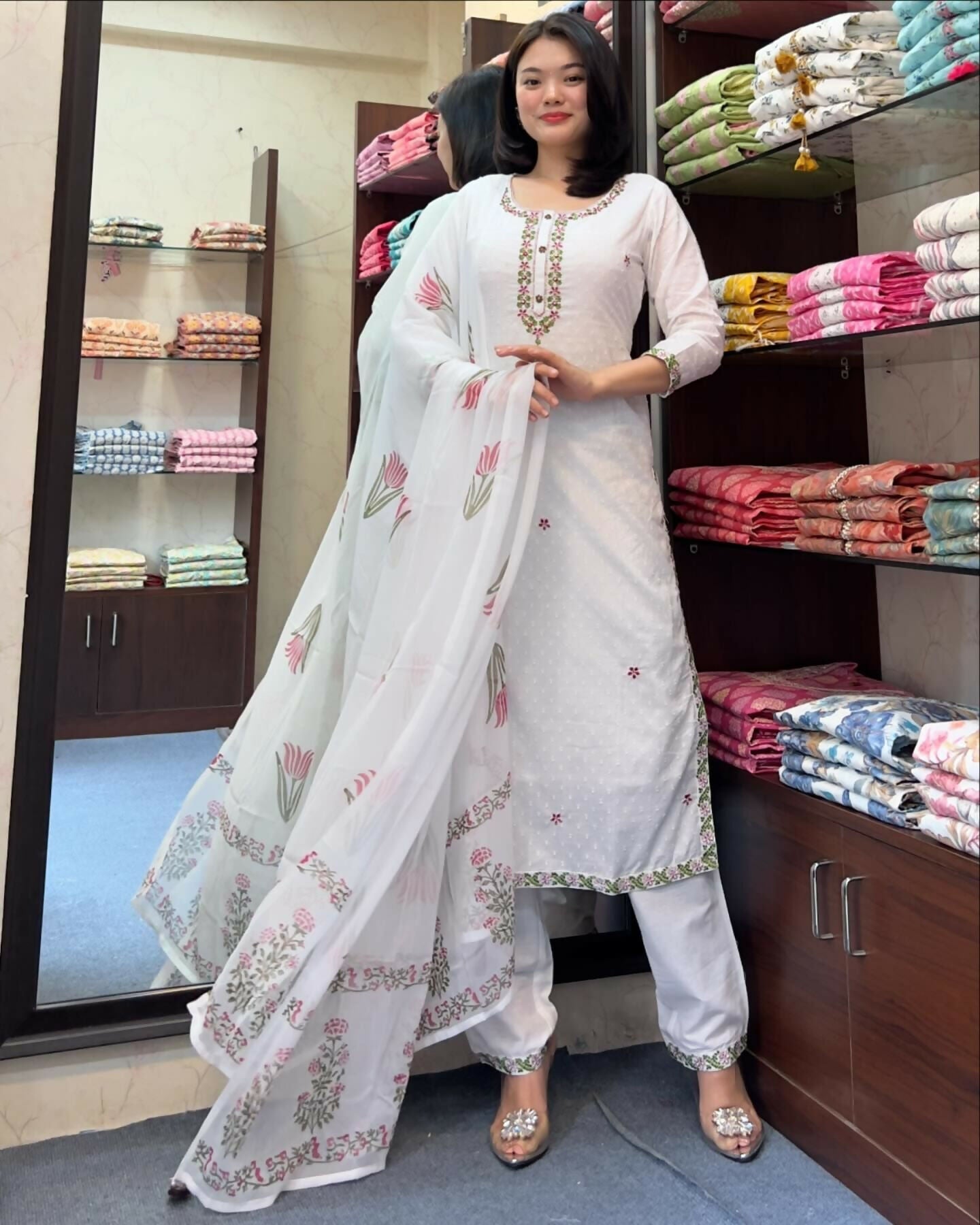 The52 White Women's Gorgeous Georgette Butti Fabric Embroidered Work Straight Kurta Pant and Dupatta Set | Grab2Buy