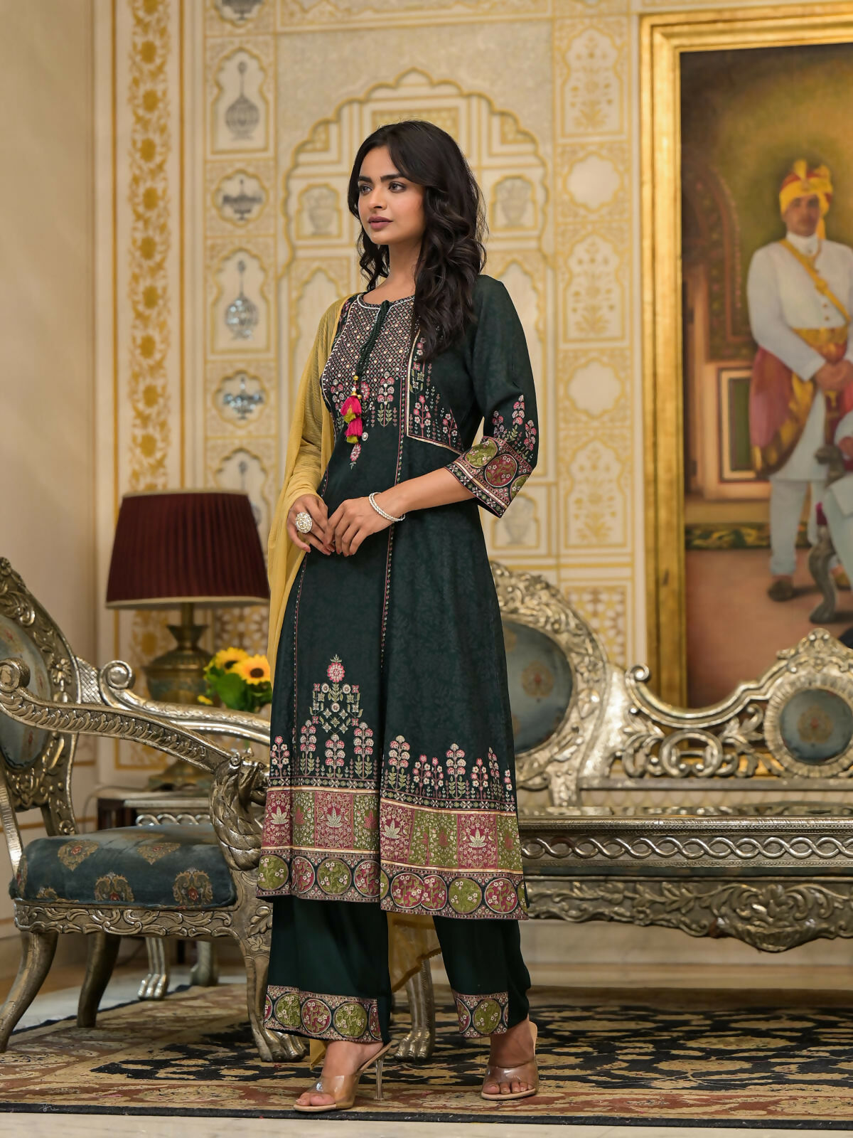 Juniper Women's Green Floral Printed Rayon Kurta Pant With Dupatta Set With Thread Work & Tassels