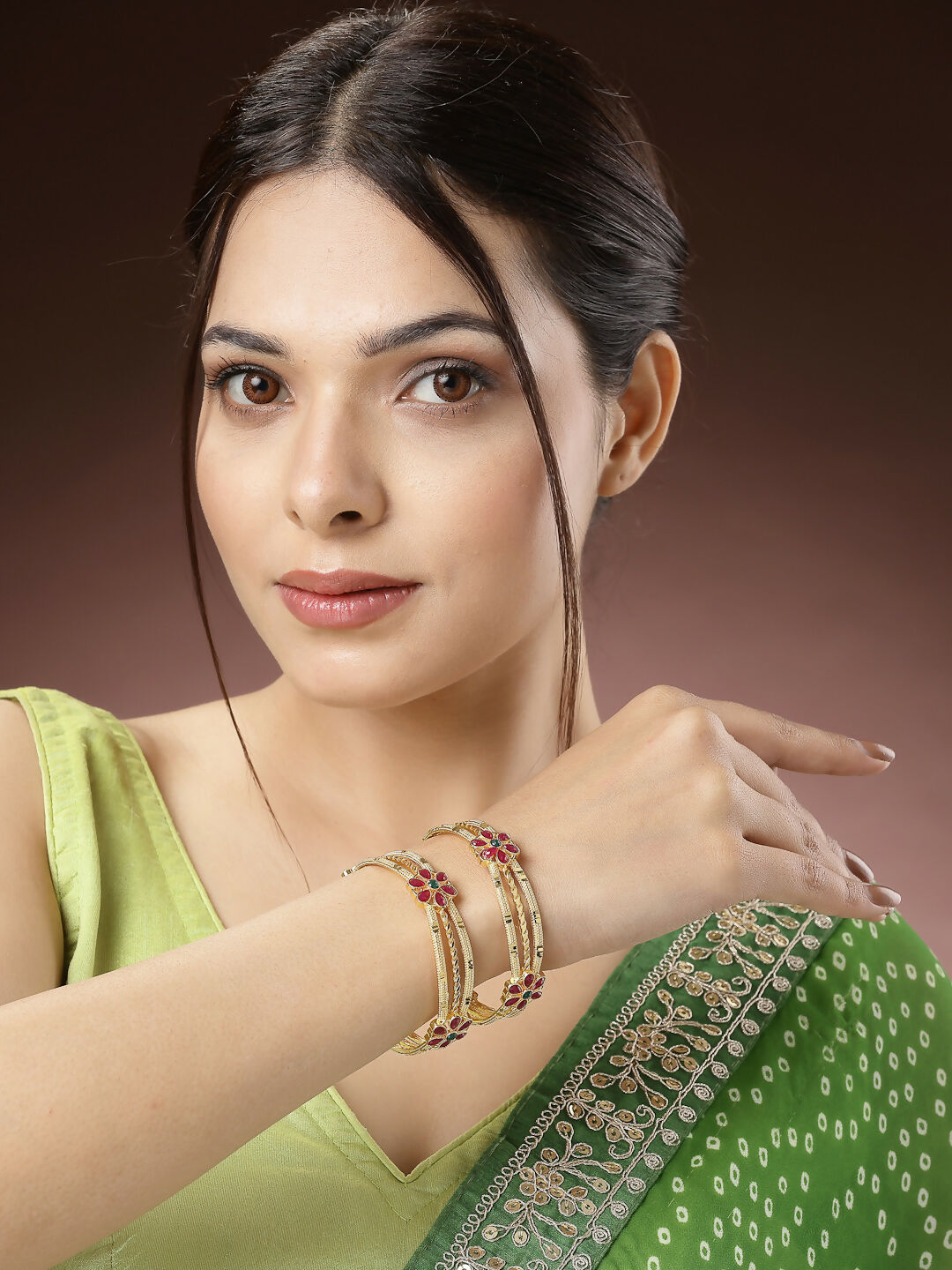 NVR Women's Set of 2 Gold-Polished Artificial Stones Handcrafted Traditional Bangles 