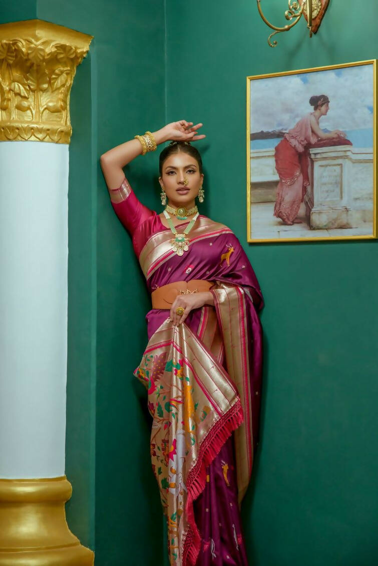 Vishnu Weaves Women's Wine Paithani Silk Zari Woven Grab2Buy with Unstitched Blouse 