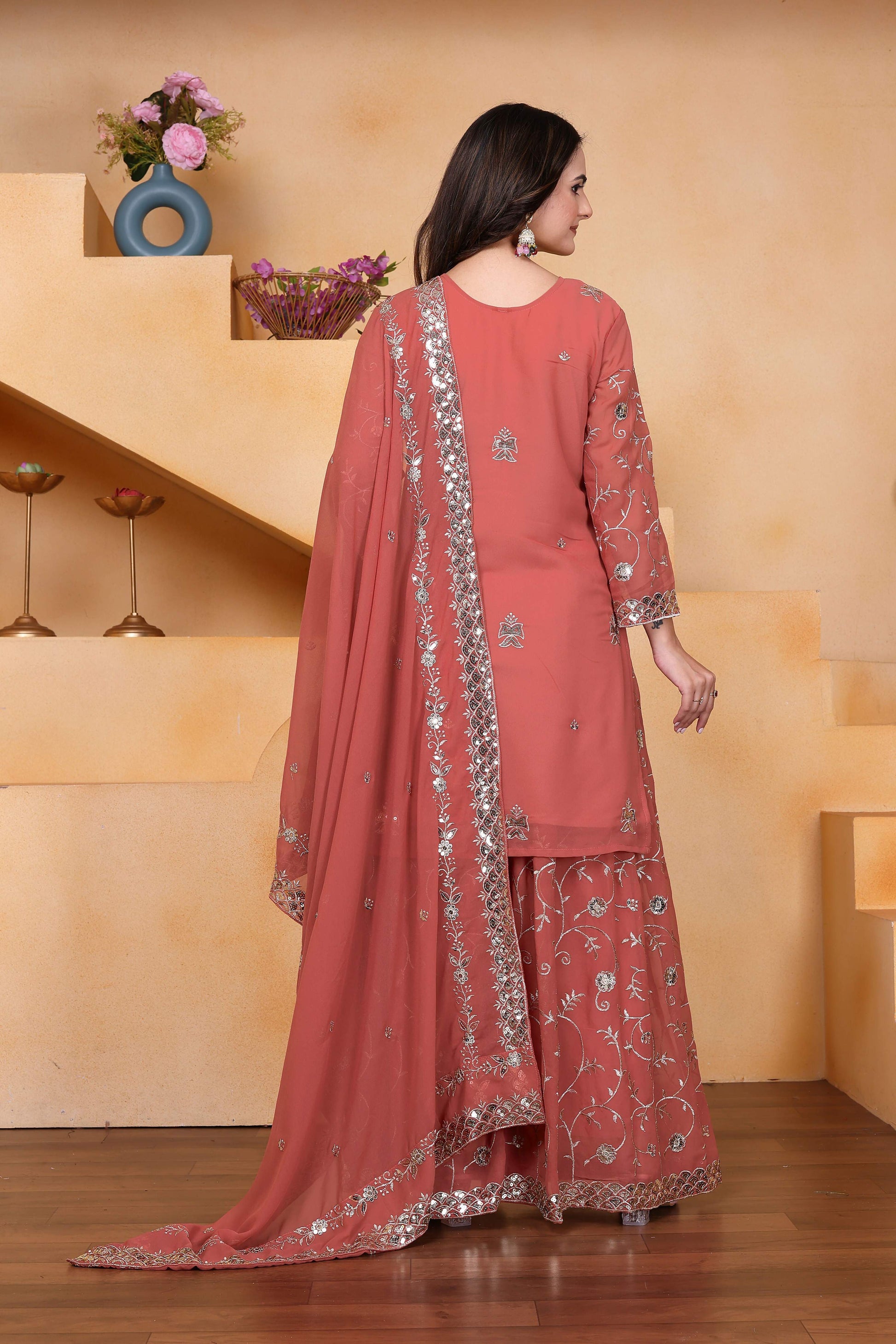 Lehenga Mart Designer Sharara Suit With Kurta, Sharara, Dupatta For Women-Rust Orange