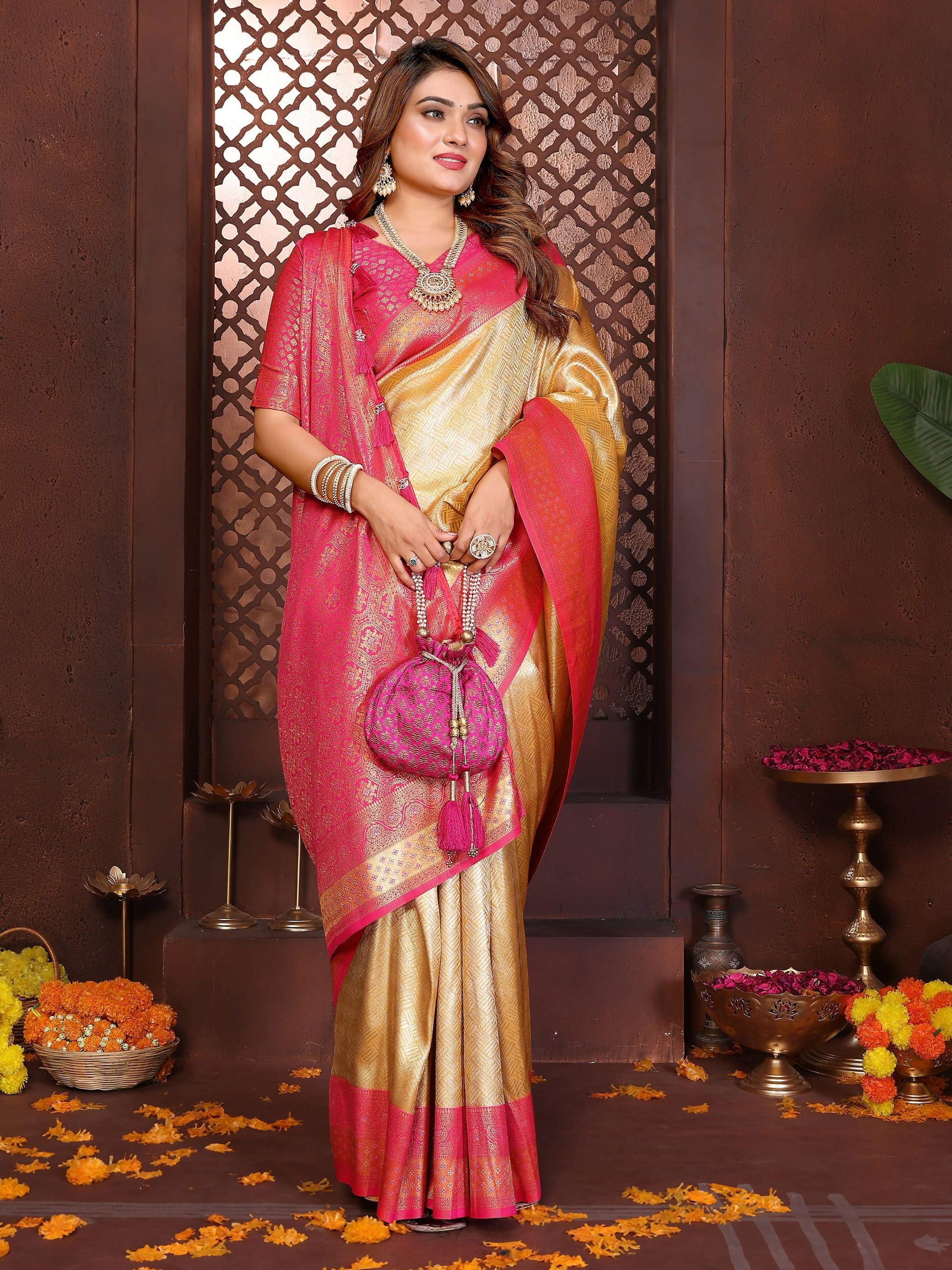 Aastha Fashion Cream Tissue Silk Woven Saree