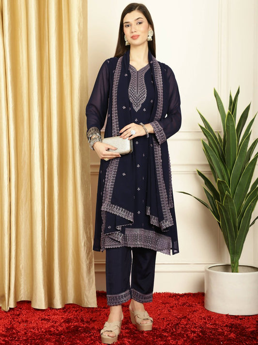 Aastha Fashion Women's Navy Blue Georgette Resham Thread & Sequin Kurta with Trouser & Dupatta - Grab2buy