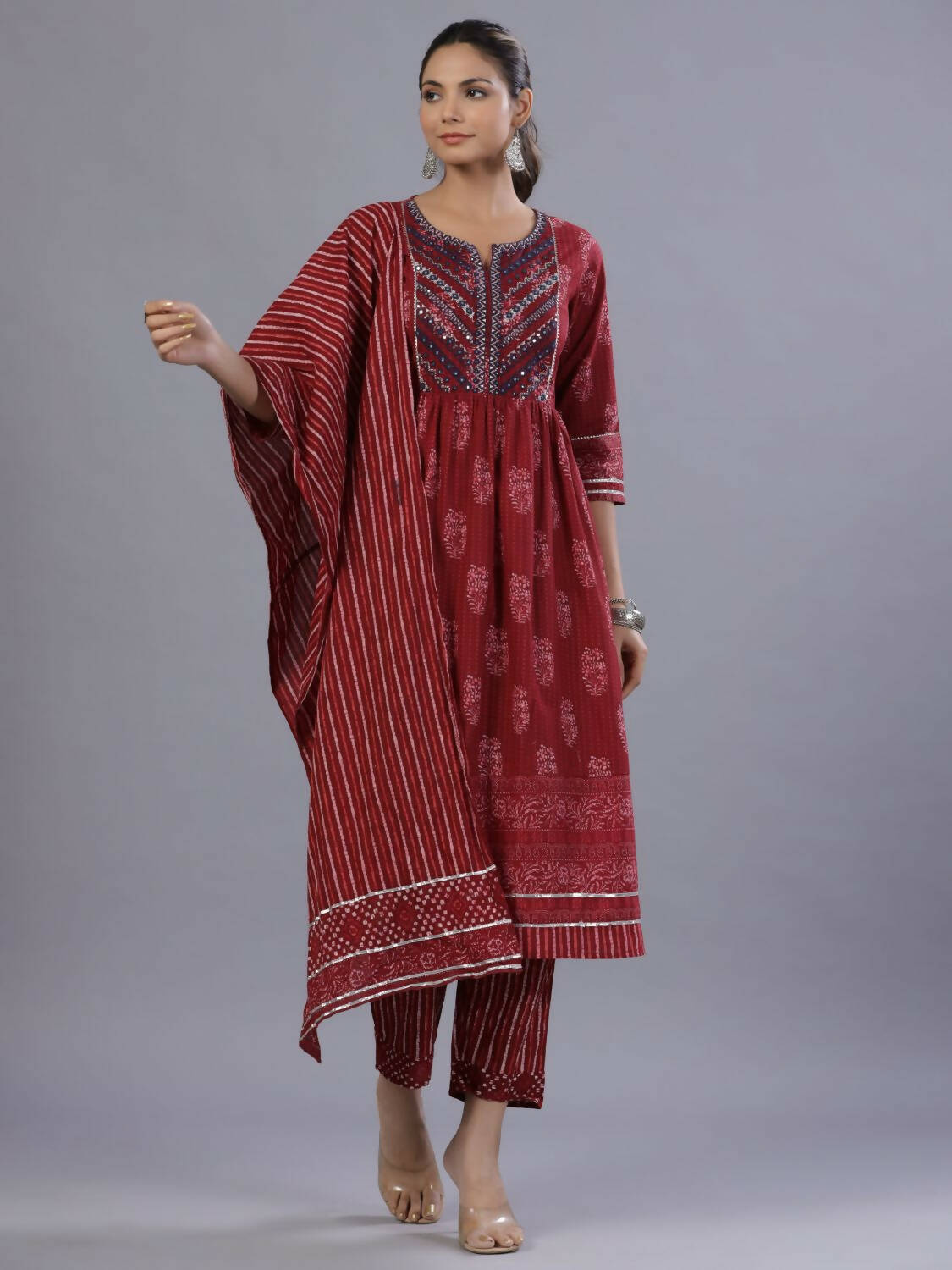 Juniper Women Maroon Cotton Cambric Batik texture Printed Kurta, Pants and Dupatta Set