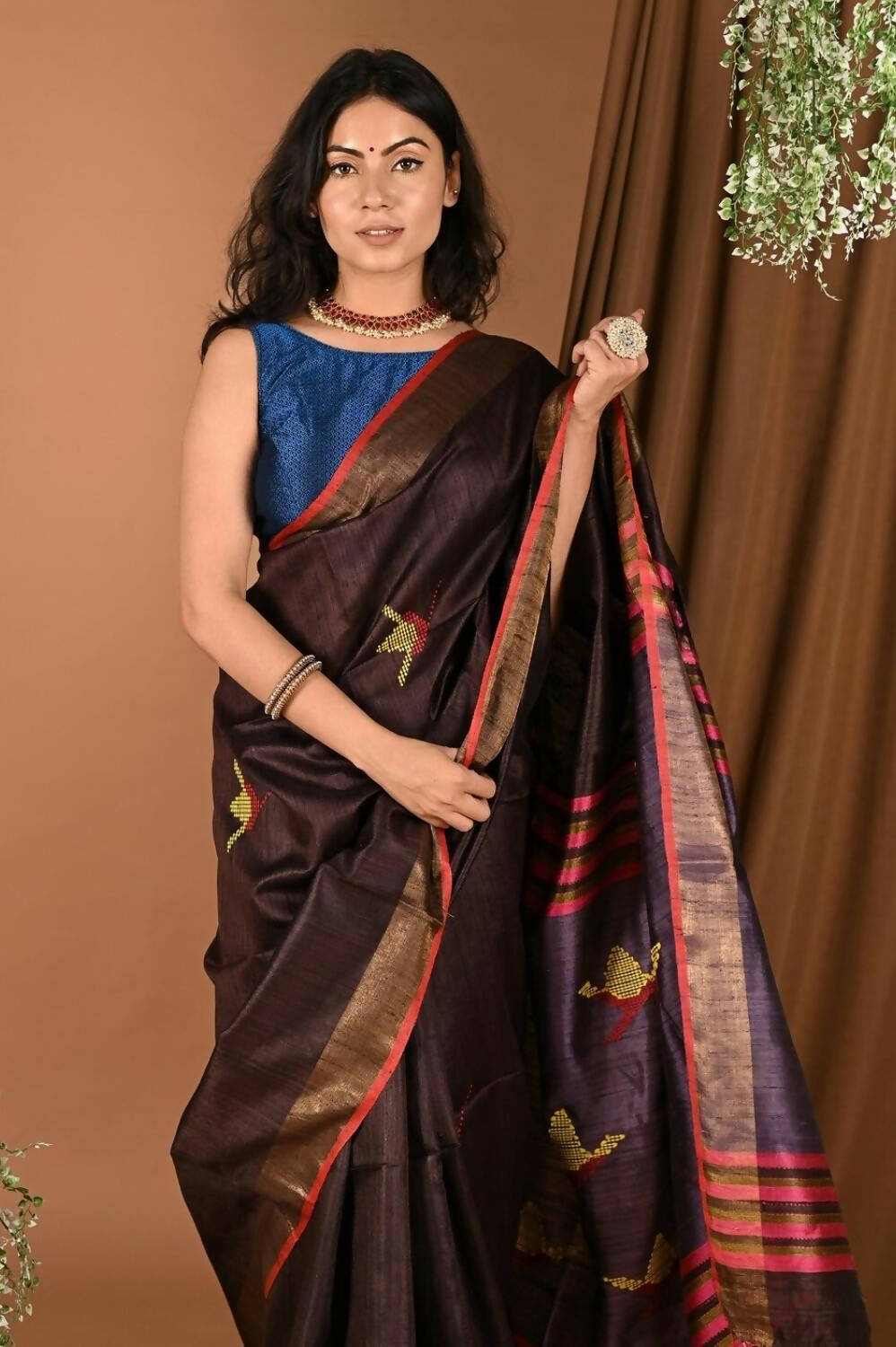 Very Much Indian Handloom Pure Dupion Silk Saree With Sleek Golden Border - Brown - Grab2buy