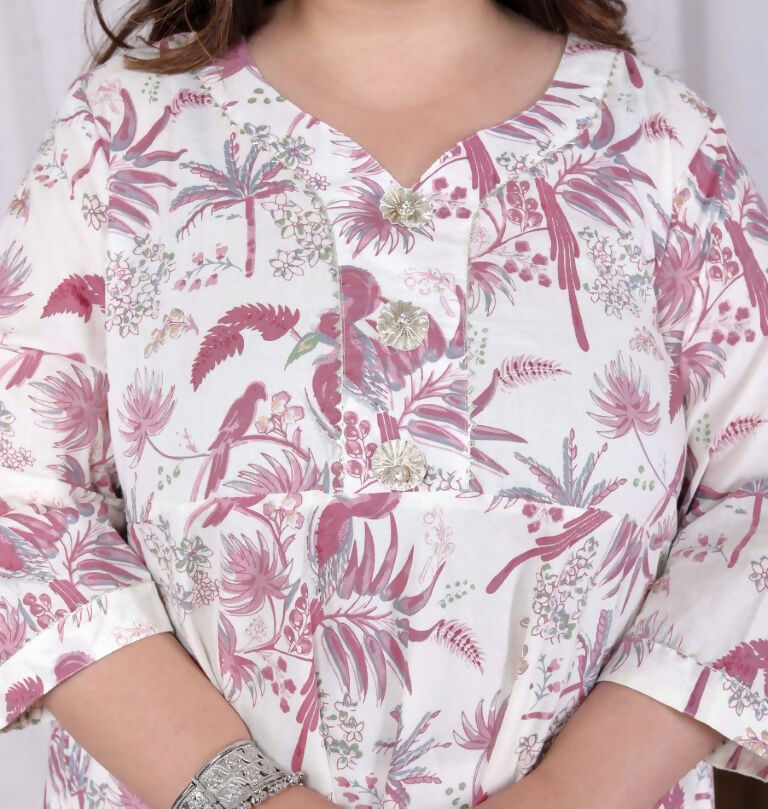 Miravan Women's Plus Size Pink Cotton Gota and Lace Border Birds and Leaf Floral Printed Anarkali Kurta 