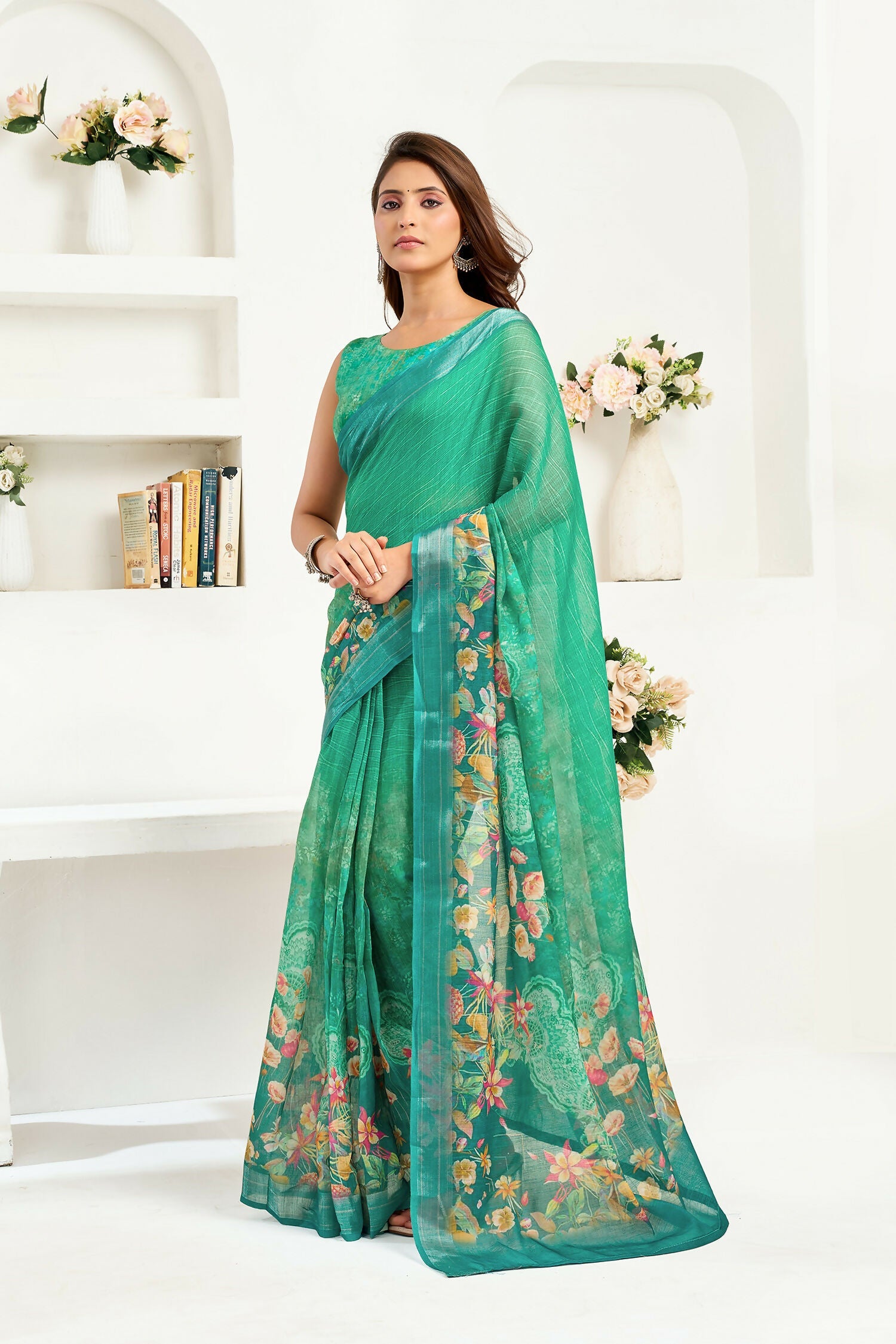 Joban Fashion Rama Green Floral Linen Ready To Wear Saree With Unstitched Blouse