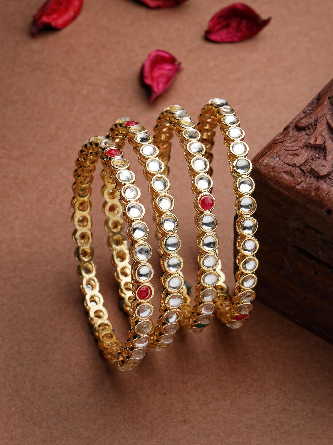NVR Women Set of 4 Gold-Polished Kundan Studded Bangles 