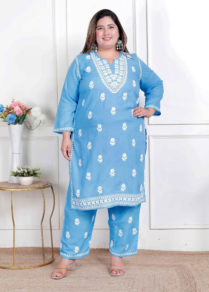 Miravan Womens Plus Size Blue Embroidered Kurta With Palazzo