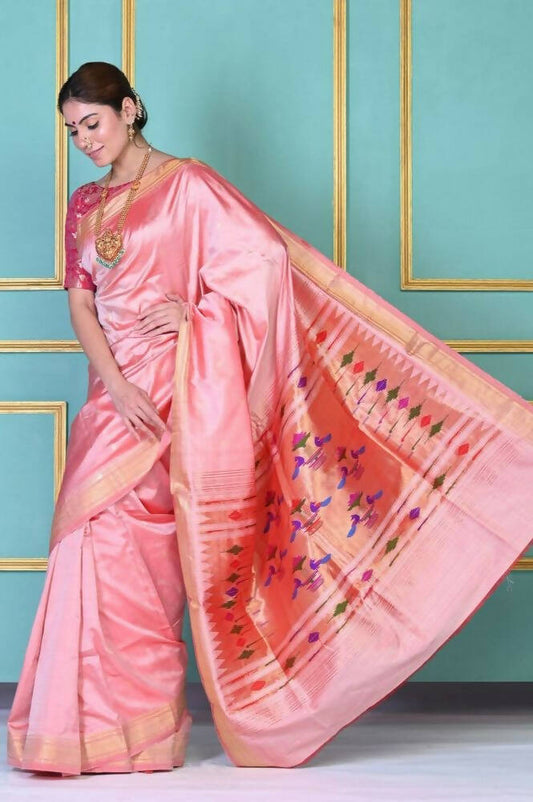 Very Much Indian Traditional Pretty Peach Pure Silk Double Pallu Paithani With Designer Peacocks Pallu - Grab2buy