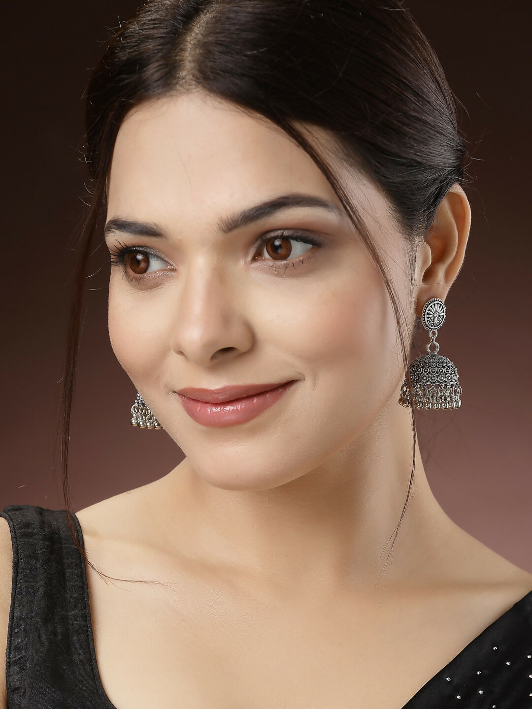 NVR Women's Set of 3 Silver-Toned German Silver Oxidised Dome Shaped Jhumka Earrings 