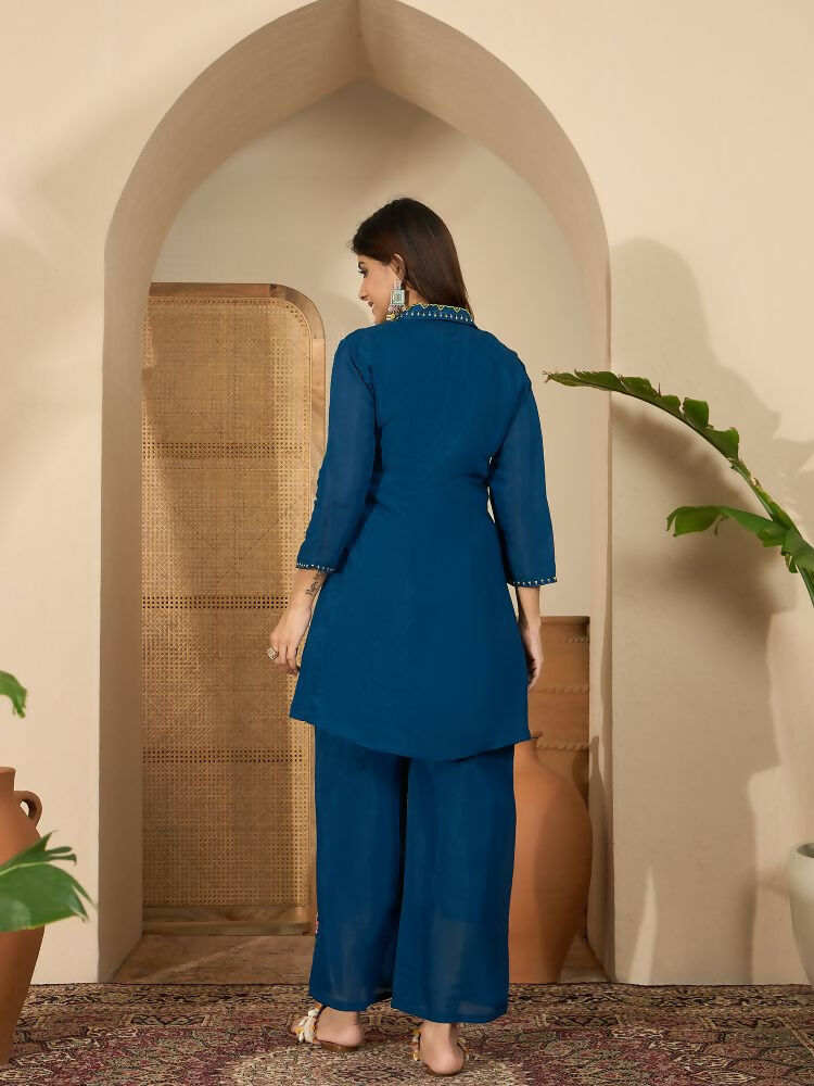 Joban Fashion Women Blue Roman Silk Embroidered Stitched Kurta Set