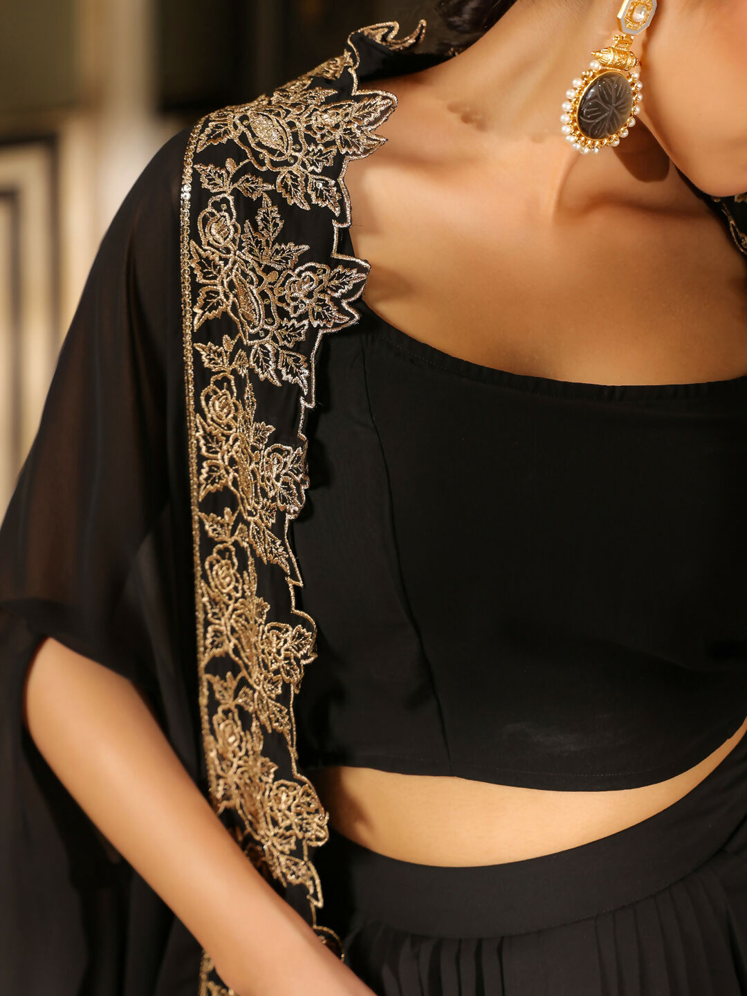 Janasya Black Georgette Solid Top Bottom Cape 