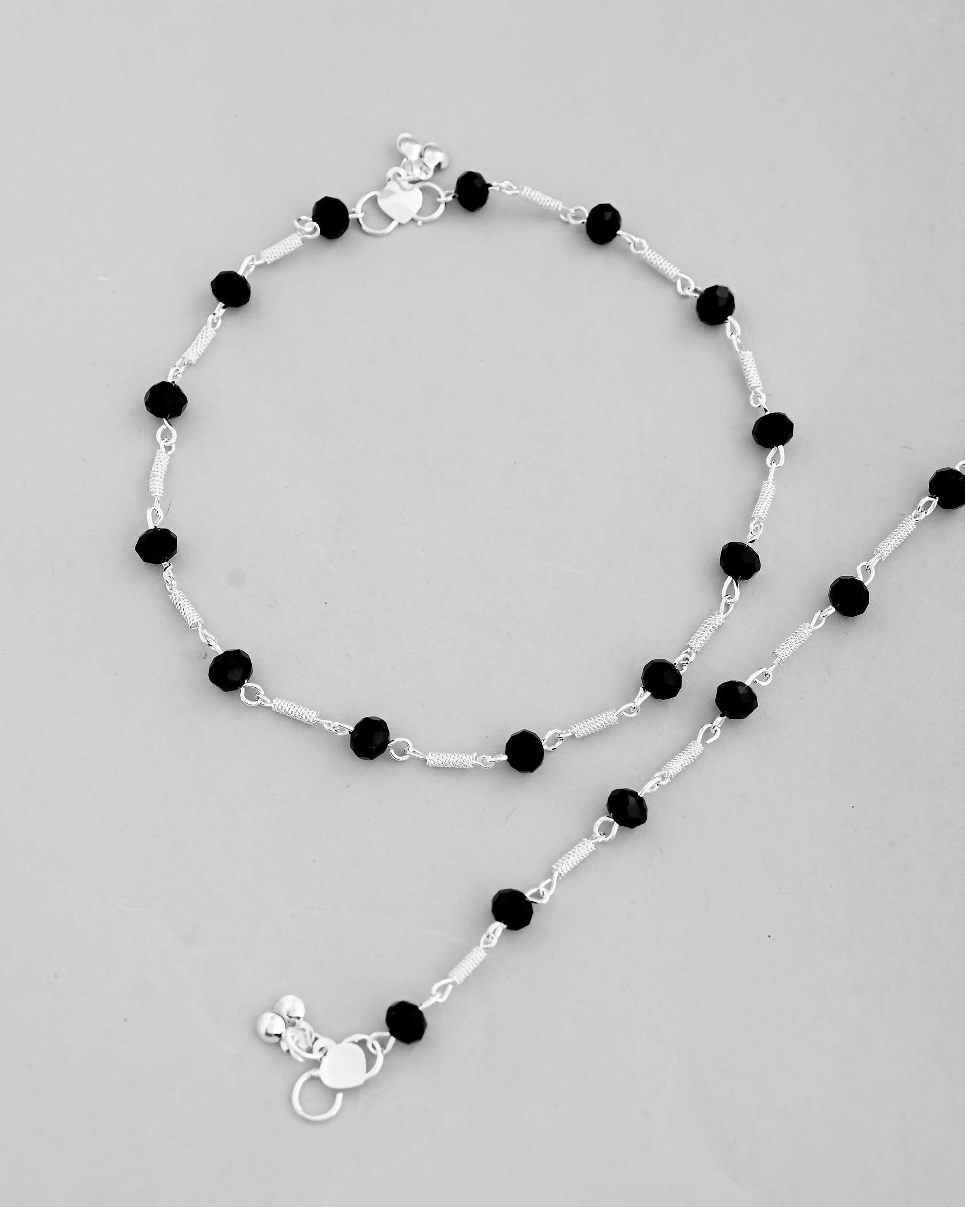 VOJ Set of 2 Silver Plated With Black Beads Anklet 