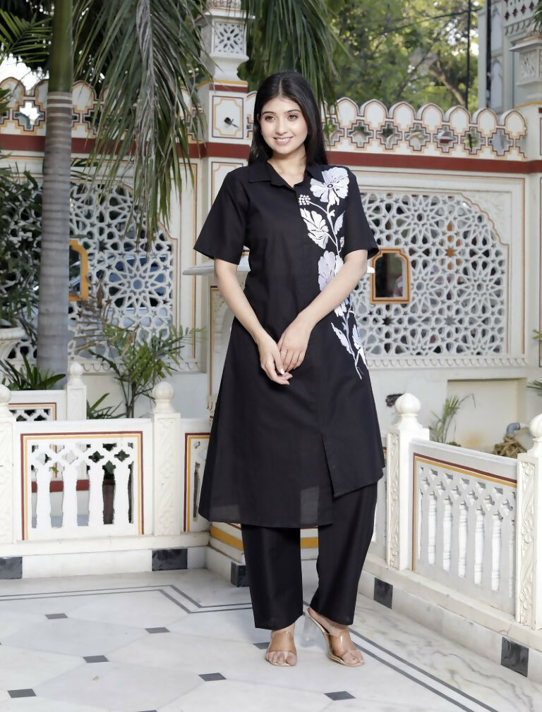 Miravan Women's Black Pure Cotton Floral Embroidered High Low Co-Ord Set 