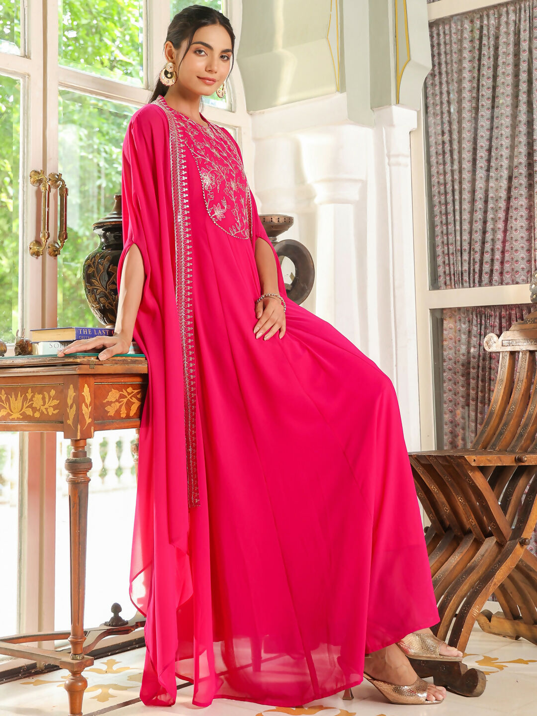 Janasya Pink Georgette Embroidered Dress & Cape 
