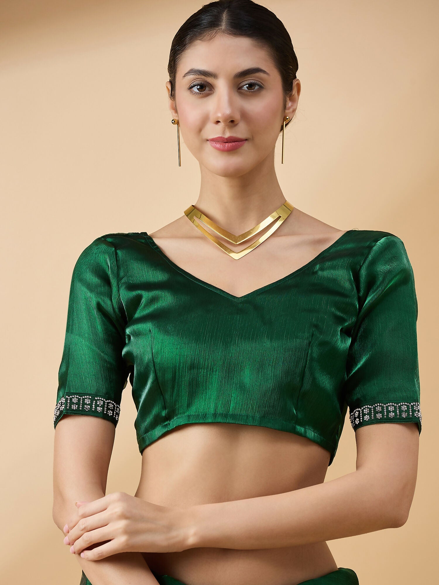 Green Organza Swaroski Diamond Work Saree with Unstitched Blouse - Radha