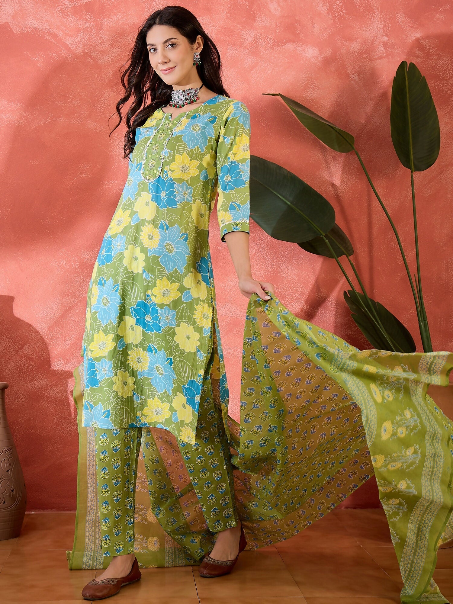 Joban Fashion Printed Green Pure Cotton Kurta Set