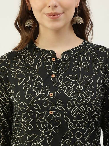 FIORRA Women's Black Printed Flared Cotton Kurta 