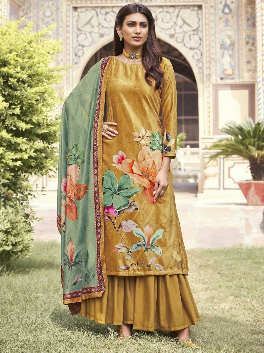 Aastha Fashion Women's Mustard Velvet Floral Digital Printed Kurta with Trouser & Dupatta - Grab2buy