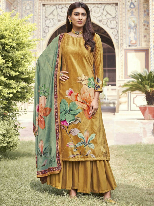 Aastha Fashion Women's Mustard Velvet Floral Digital Printed Kurta with Trouser & Dupatta - Grab2buy
