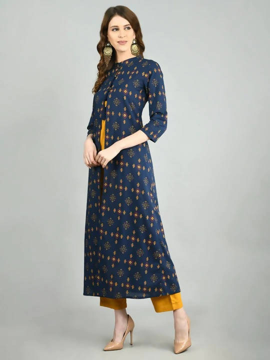 Myshka Women Navy Blue Cotton Printed Shrug, Top And Pant Set