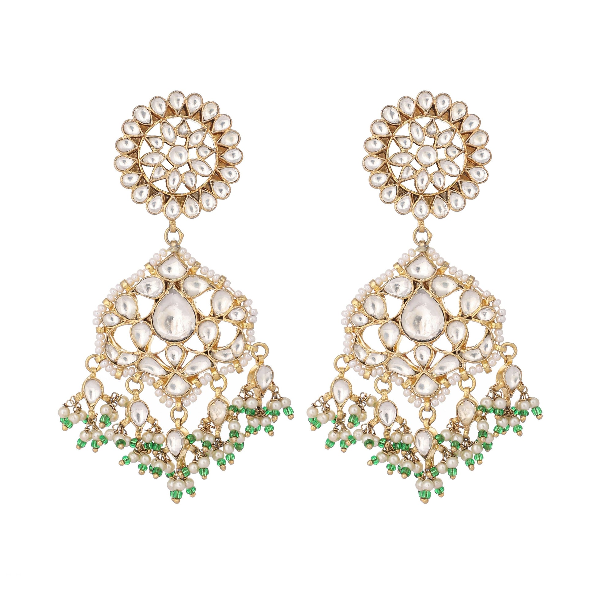 Nuyug 22K Gold Plated Traditional Kundan Studded Contemporary Dangler Earrings with Pearl and Green Bead Accents | Swadesiicart