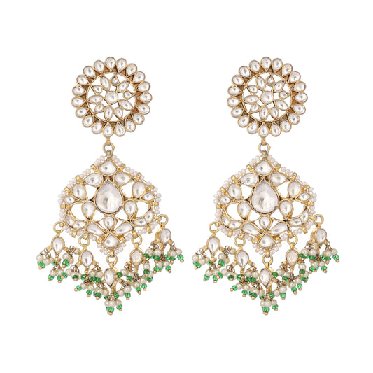 Nuyug 22K Gold Plated Traditional Kundan Studded Contemporary Dangler Earrings with Pearl and Green Bead Accents | Swadesiicart